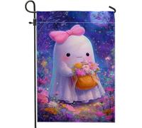 Bandiera da giardino con fantasmi floreali primaverili ed estivi, viola carino spirito con fiori decorazione per esterni, bandiera in iuta su entrambi i lati per feste di vacanza decorazione prato