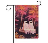 Bandiera da giardino con fantasmi rosa su vecchia altalena in legno per vacanze stagionali su entrambi i lati per casa cortile bandiere esterne 30,5 x 45,7 cm