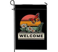 Bandiera da giardino con farfalla di benvenuto, decorazione floreale nera per esterni, bandiera in iuta su entrambi i lati per la primavera e l'estate, decorazione per la casa, striscione per prato