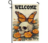 Bandiera da giardino con farfalla di Halloween, bandiera arancione floreale con teschio, decorazione per esterni, in iuta su entrambi i lati, decorazione per prato per la stagione autunnale, 30,5 x