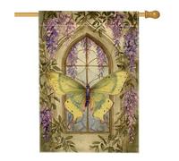 Bandiera da giardino con farfalla gialla vintage, bandiera floreale con glicine, decorazione per la casa, in iuta su entrambi i lati, decorazione per prato esterno per feste primaverili ed estive, 71
