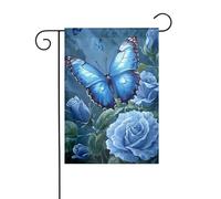 Bandiera da giardino con farfalle e rose blu, 12x18, verticale, bifacciale, decorazione per esterni per le vacanze in stile fattoria.