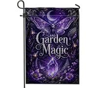 Bandiera da giardino con farfalle, gotico e mistico, con luna di cristallo, estiva, viola, su entrambi i lati, decorativa, per esterni, patio, prato, portico anteriore, balcone, 30,5 x 45,7 cm