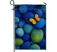 Bandiera da giardino con farfalle primaverili ed estive, con ciottoli blu e verdi, decorazione da giardino a doppia faccia in iuta per esterni, decorazione per feste a tema natura, 30,5 x 45,7 cm