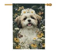 Bandiera da giardino con farfalle primaverili ed estive, fiori bianchi margherite floreali Shih Tzu Dog Home Decor Banner, bandiera da cortile in iuta su entrambi i lati, decorazione per feste