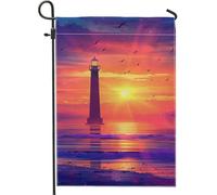 Bandiera da giardino con faro al tramonto, bandiera costiera viola e arancione, bandiera decorativa per la casa, in tessuto su entrambi i lati, per la decorazione estiva del prato all'aperto, 30,5 x