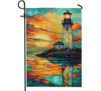 Bandiera da giardino con faro al tramonto costiero, bandiera decorativa per la casa, paesaggio marino arancione blu vibrante, bandiera da cortile in poliestere su entrambi i lati, decorazione per