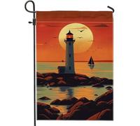 Bandiera da giardino con faro al tramonto, striscione decorativo costiero arancione, bandiera su entrambi i lati per cortile in iuta per la decorazione estiva all'aperto del prato 30,5 x 45,7 cm