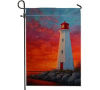 Bandiera da giardino con faro al tramonto, striscione decorativo costiero rosso e bianco, bandiera su entrambi i lati per cortile per decorazione estiva all'aperto del prato 30,5 x 45,7 cm