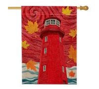 Bandiera da giardino con faro autunnale, faro rosso e foglie d'acero, decorazione per esterni, in iuta su entrambi i lati, per celebrazioni autunnali, 71 x 101 cm