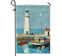 Bandiera da giardino con faro costiero, bandiera decorativa blu con scena marittima, decorazione per prato esterno in iuta su entrambi i lati, decorazione per la casa estiva e la spiaggia, 30,5 x 45,7