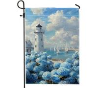 Bandiera da giardino con faro costiero estivo, striscione floreale con ortensia blu, decorazione per la casa, bandiera su entrambi i lati in iuta per cortile, decorazione per esterni, 30,5 x 45,7 cm