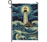 Bandiera da giardino con faro costiero, onde blu dell'oceano e luce di luna, striscione decorativo per esterni, bandiera a doppia faccia a tema spiaggia decorazione per la casa 30,5 x 45,7 cm