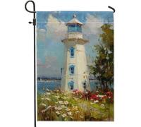 Bandiera da giardino con faro costiero, striscione decorativo nautico bianco e blu, opera d'arte su entrambi i lati per decorazione estiva all'aperto del prato 30,5 x 45,7 cm