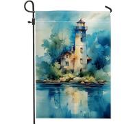 Bandiera da giardino con faro costiero, striscione decorativo nautico blu tranquillo, decorazione stagionale per prato all'aperto per l'estate, arte su entrambi i lati, 30,5 x 45,7 cm