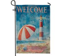 Bandiera da giardino con faro da spiaggia estiva, ombrello rosso costiero benvenuto per esterni, bandiera da cortile su entrambi i lati, decorazione per feste di vacanza, prato, 71 x 101 cm