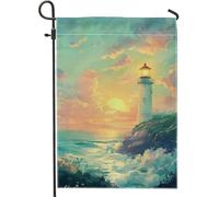 Bandiera da giardino con faro dell'alba costiera, striscione decorativo per la casa con onde dell'oceano, bandiera decorativa su entrambi i lati, per esterni, 30,5 x 45,7 cm