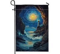 Bandiera da giardino con faro dell'oceano, onde del cielo notturno blu, decorazione per la casa e il giardino, bandiera da giardino in tessuto su entrambi i lati, decorazione per esterni, 30,5 x 45,7
