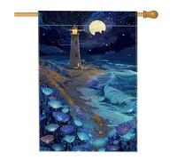 Bandiera da giardino con faro di notte costiera, decorazione da giardino blu al chiaro di luna, bandiera da giardino in iuta su entrambi i lati, decorazione per esterni, festa di vacanza, decorazione