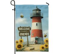 Bandiera da giardino con faro di Welcome Friends, decorazione a righe rosse e bianche, striscione floreale estivo per esterni, decorazione da cortile su entrambi i lati per feste e prato 30,5 x 45,7