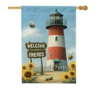 Bandiera da giardino con faro di Welcome Friends, decorazione a righe rosse e bianche, striscione floreale estivo per esterni, decorazione per cortile su entrambi i lati, per feste e prato, 71 x 101