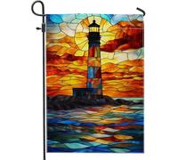 Bandiera da giardino con faro in vetro colorato, striscione decorativo con vivace tramonto costiero, bandiera da cortile in tessuto su entrambi i lati, per la decorazione del prato, la casa o la