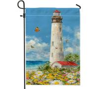 Bandiera da giardino con faro primaverile ed estate, decorazione blu costiera con farfalle e fiori, striscione in iuta su entrambi i lati per decorazione esterna del prato 30,5 x 45,7 cm