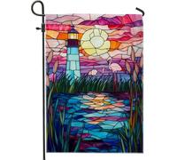 Bandiera da giardino con faro tropicale al tramonto, scena colorata con uccelli tropicali, decorazione per esterni, striscione in poliestere su entrambi i lati, per decorazione estiva del prato, 30,5