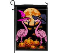 Bandiera da giardino con fenicotteri strega di Halloween, zucca luna blu pesca decorazione per la casa bandiere da giardino, doppia faccia decorazione per feste all'aperto in cortile 30,5 x 45,7 cm
