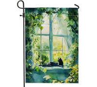 Bandiera da giardino con finestra a forma di gatto, bandiera botanica da giardino con edera verde, decorazione per prato all'aperto a doppia faccia, decorazione per la casa con elementi naturali, 30,5