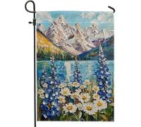 Bandiera da giardino con fiori blu e lago di montagna, striscione scenico naturale floreale per esterni, opera d'arte su entrambi i lati, decorazione per la casa, decorazione per prato, bandiera