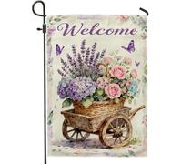 Bandiera da giardino con fiori, cesto floreale primaverile farfalla primavera viola iuta doppia faccia piccola bandiera da giardino per esterni prato anteriore portico patio ingresso 30,5 x 45,7 cm