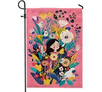 Bandiera da giardino con fiori, design floreale pesca con ragazza e uccelli, decorazione per esterni primaverile ed estate, bandiera decorativa su entrambi i lati, decorazione da giardino e prato