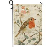 Bandiera da giardino con fiori di ciliegio primaverile, stile rustico, beige, pettirosso, floreale, vintage, artistico, decorativo, su entrambi i lati, decorazione per cortile, prato, giardino, patio
