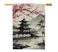 Bandiera da giardino con fiori di ciliegio rosa, pagoda giapponese bianca e nera, decorazione per prato all'aperto, bandiera da cortile in iuta su entrambi i lati, decorazione per feste di ispirazione