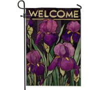 Bandiera da giardino con fiori di iris di benvenuto, decorazione floreale viola per esterni, striscione primaverile estivo da cortile, decorazione artistica su entrambi i lati, 71 x 101 cm