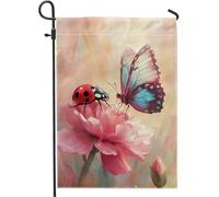 Bandiera da giardino con fiori primaverili ed estivi, coccinella rossa, farfalla floreale, decorazione per la casa e il giardino, bandiera da giardino in iuta su entrambi i lati, decorazione per