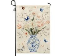 Bandiera da giardino con fiori primaverili ed estivi, vaso floreale blu, farfalle, decorazione per la casa, bandiere da cortile, decorazione da giardino su entrambi i lati, 30,5 x 45,7 cm