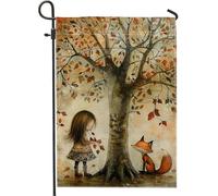Bandiera da giardino con foglie autunnali, bandiera marrone con albero ragazza e volpe, decorazione per la casa, bandiera da giardino in iuta su entrambi i lati, decorazione per esterni, 30,5 x 45,7