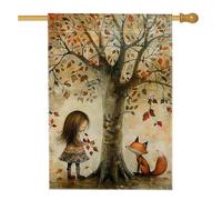 Bandiera da giardino con foglie autunnali, bandiera marrone con albero ragazza e volpe, decorazione per la casa, bandiera da giardino in iuta su entrambi i lati, decorazione per esterni, 71 x 101 cm