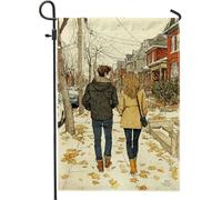 Bandiera da giardino con foglie autunnali, coppia beige che cammina per la casa, striscione decorativo su entrambi i lati in iuta per cortile, decorazione stagionale per esterni, 30,5 x 45,7 cm