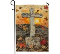 Bandiera da giardino con foglie autunnali e croci di tramonto arancioni, bandiere per esterni double face in iuta, decorazione commemorativa autunnale, 30,5 x 45,7 cm