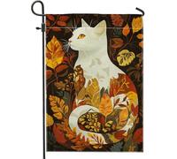 Bandiera da giardino con foglie autunnali, gatto bianco con fogliame autunnale, decorazione per esterni, bandiera da cortile su entrambi i lati per la decorazione stagionale della casa, ideale per