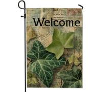 Bandiera da giardino con foglie di edera di benvenuto, decorazione botanica verde per esterni, per primavera ed estate, decorazione per la casa, bandiera da cortile in iuta su entrambi i lati, 30,5 x