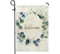 Bandiera da giardino con foglie di eucalipto di benvenuto, design floreale verde, decorazione per la casa stagionale, bandiere da cortile in iuta su entrambi i lati, per decorazione esterna del prato