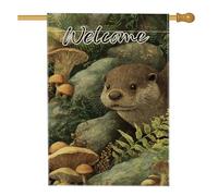Bandiera da giardino con foresta primaverile, fungo lontra marrone, rustico, decorazione per la casa, decorazione per la casa, cartello decorativo per esterni, 71 x 101 cm