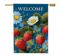 Bandiera da giardino con fragole e margherite, striscione floreale blu estivo, decorazione per prato esterno su entrambi i lati, decorazione per la casa di benvenuto per tutte le stagioni 71 x 101 cm