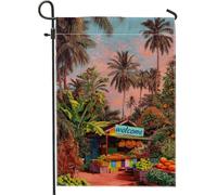 Bandiera da giardino con frutti tropicali, palme al tramonto, benvenuto estate all'aperto, decorazione su entrambi i lati, decorazione per prato per feste o vacanze, 30,5 x 45,7 cm