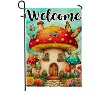 Bandiera da giardino con funghi di benvenuto, decorazione per esterni con farfalle e fiori colorati per primavera estate, striscione in iuta su entrambi i lati per la decorazione del prato domestico