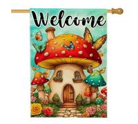 Bandiera da giardino con funghi di benvenuto, decorazione per esterni con farfalle e fiori colorati per primavera estate, striscione in iuta su entrambi i lati per la decorazione del prato domestico